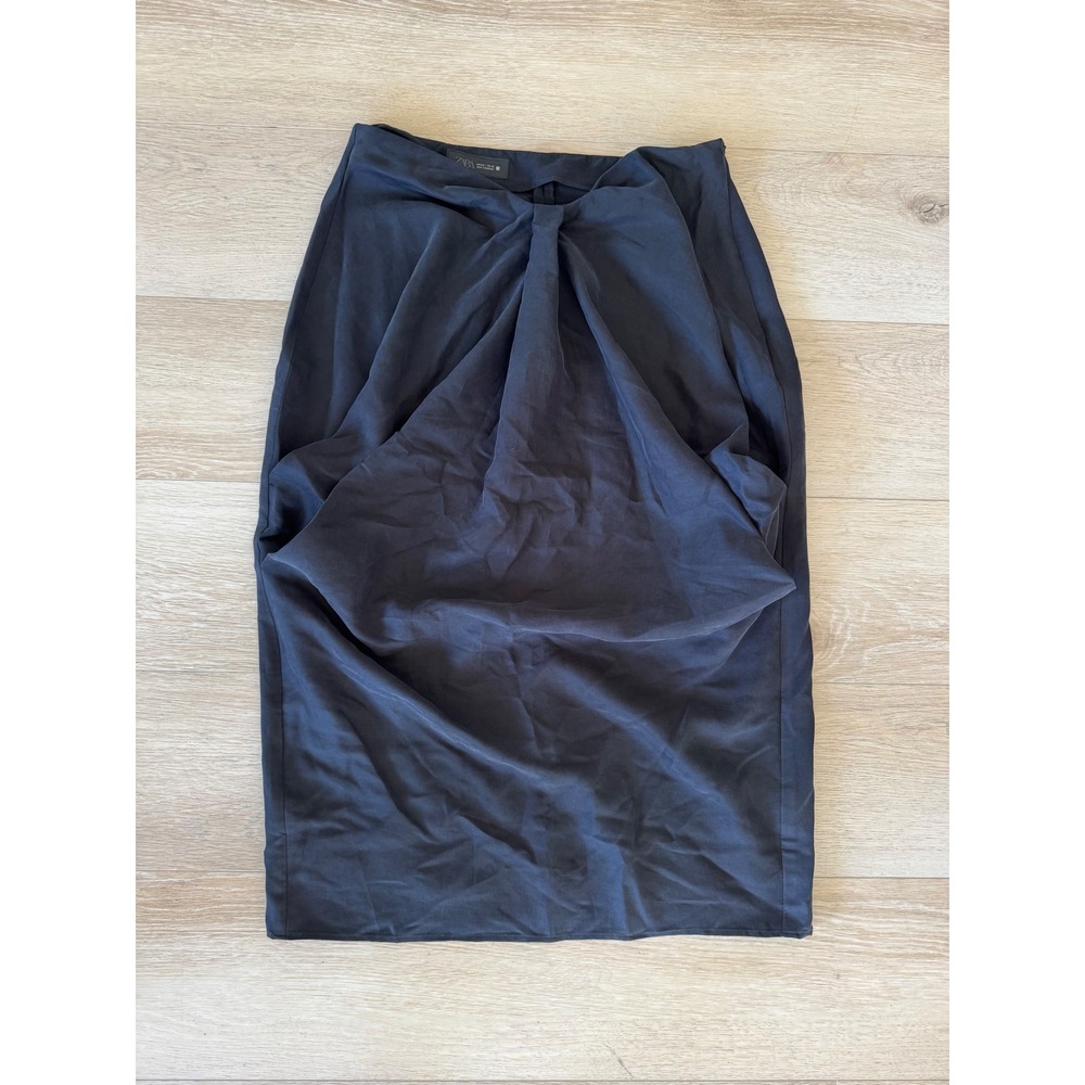 Zara Black Draped Draped Front Midi Skirt Size L NWT - Picture 2 of 8